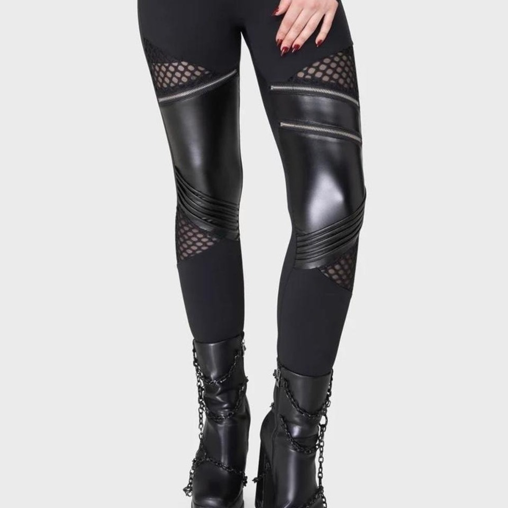 Killstar Neo Noir Leggings XS Black Faux Leather Fishnet Moto Zipper Goth Edgy
